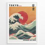 Indlæs billede til gallerivisning Japanske plakater | Framed Japanese Sea Wave poster featuring large crashing waves, vivid red sun, and Mount Fuji under a golden sunset sky.
