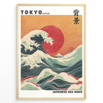 Indlæs billede til gallerivisning Japanske plakater | Framed Japanese Sea Wave poster featuring large crashing waves, vivid red sun, and Mount Fuji under a golden sunset sky.
