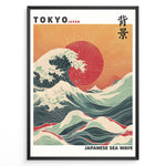 Indlæs billede til gallerivisning Japanske plakater | Framed Japanese Sea Wave poster featuring large crashing waves, vivid red sun, and Mount Fuji under a golden sunset sky.
