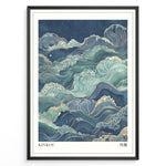 Indlæs billede til gallerivisning Japanske plakater | Japanese-style artwork of stylized ocean waves in blue, teal, and gold tones with the title “KINKOU” and Kanji characters meaning “balance.”
