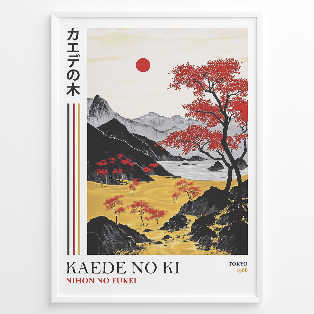 Japanske plakater | Framed Japanese landscape art print with red maple trees, golden fields, black mountains, and a small red sun.