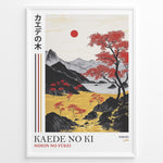 Indlæs billede til gallerivisning Japanske plakater | Framed Japanese landscape art print with red maple trees, golden fields, black mountains, and a small red sun.
