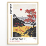 Indlæs billede til gallerivisning Japanske plakater | Framed Japanese landscape art print with red maple trees, golden fields, black mountains, and a small red sun.
