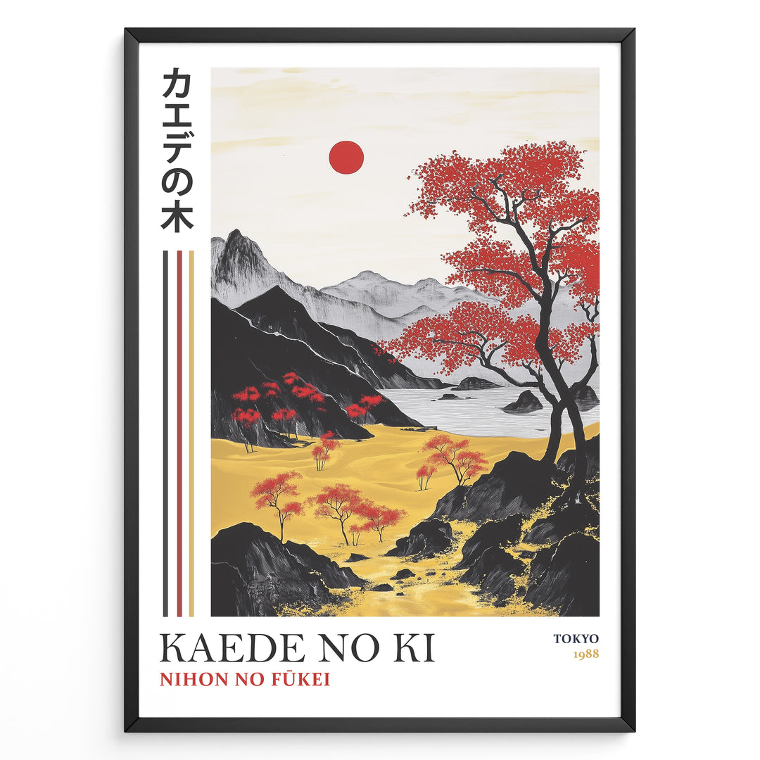 Japanske plakater | Framed Japanese landscape art print with red maple trees, golden fields, black mountains, and a small red sun.