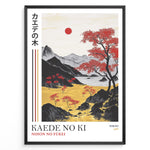 Indlæs billede til gallerivisning Japanske plakater | Framed Japanese landscape art print with red maple trees, golden fields, black mountains, and a small red sun.
