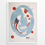 Indlæs billede til gallerivisning Plakater | Illustration of two koi fish swimming in a blue oval, with red and white scales, surrounded by three red circles and framed in black. 

