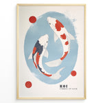 Indlæs billede til gallerivisning Plakater | Illustration of two koi fish swimming in a blue oval, with red and white scales, surrounded by three red circles and framed in black. 
