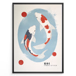 Indlæs billede til gallerivisning Plakater | Illustration of two koi fish swimming in a blue oval, with red and white scales, surrounded by three red circles and framed in black. 
