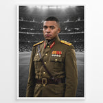 Indlæs billede til gallerivisning Satirisk kunstplakat med Kylian Mbappé i et fiktivt diktator-inspireret militæruniform foran et stadion
