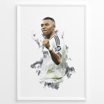 Indlæs billede til gallerivisning Kylian Mbappé artistic celebration in white football jersey framed plakat

