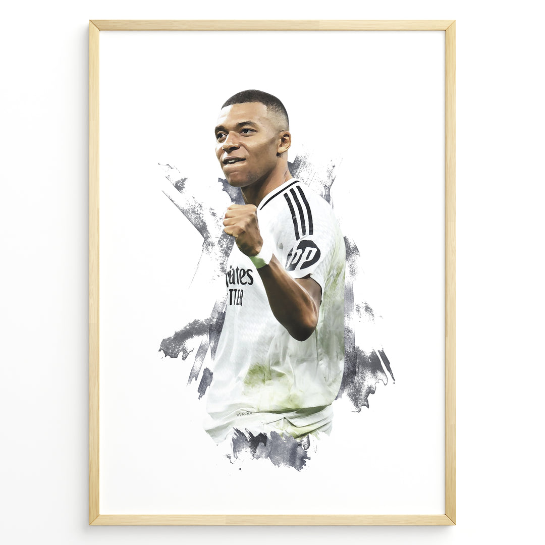Kylian Mbappé artistic celebration in white football jersey framed plakat