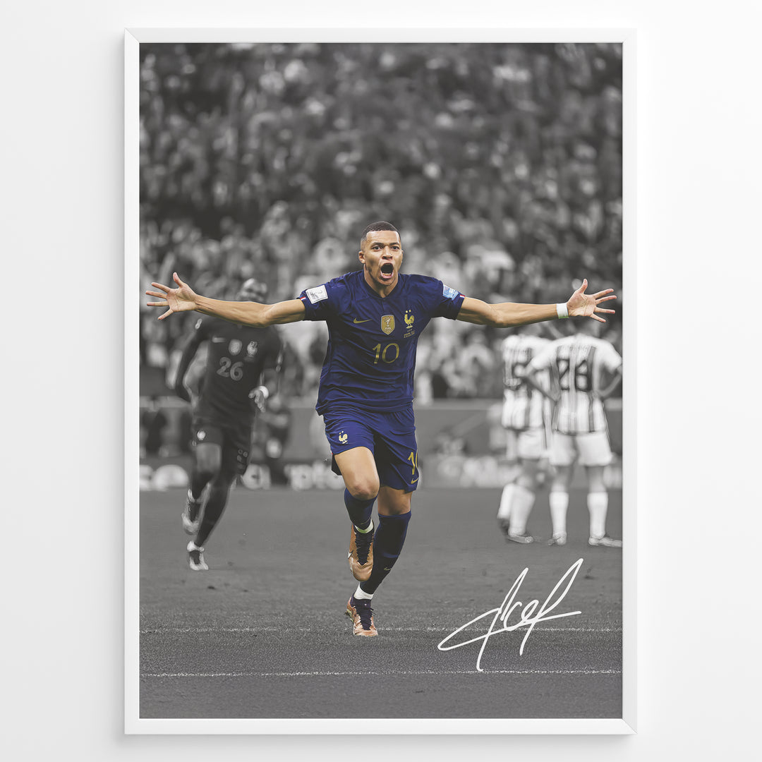 Kylian Mbappé celebrating goal in France blue jersey framed plakat