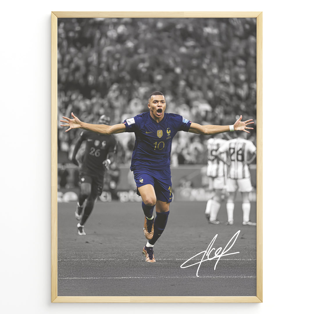 Kylian Mbappé celebrating goal in France blue jersey framed plakat
