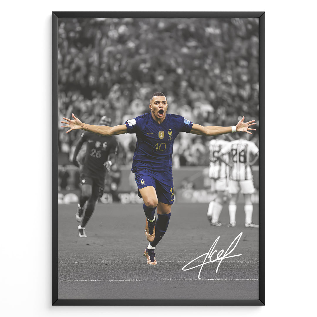 Kylian Mbappé celebrating goal in France blue jersey framed plakat