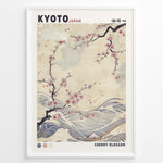 Indlæs billede til gallerivisning Japanske plakater | Japanese-style poster with cherry blossom branches over flowing waves, featuring soft pastel tones and the text “Kyoto Japan” and “Cherry Blossom.”
