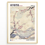 Indlæs billede til gallerivisning Japanske plakater | Japanese-style poster with cherry blossom branches over flowing waves, featuring soft pastel tones and the text “Kyoto Japan” and “Cherry Blossom.”
