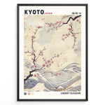 Indlæs billede til gallerivisning Japanske plakater | Japanese-style poster with cherry blossom branches over flowing waves, featuring soft pastel tones and the text “Kyoto Japan” and “Cherry Blossom.”
