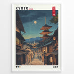 Indlæs billede til gallerivisning Japanske plakater | Nighttime illustration of Kyoto’s historic street with Yasaka Pagoda (Hōkanji Temple) under a full moon, framed by traditional wooden buildings.
