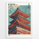 Indlæs billede til gallerivisning Japanske plakater | Illustrated close-up of a traditional red pagoda in Kyoto, Japan, set against a blue sky with stylized clouds.
