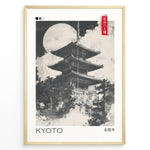 Indlæs billede til gallerivisning Japanske plakater | Black and white illustration of a traditional Japanese pagoda in Kyoto beneath a full moon, with a red Japanese seal and minimalist frame design.
