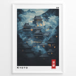 Indlæs billede til gallerivisning Japanske plakater | Moody night scene of traditional Japanese temples in Kyoto surrounded by mist, with glowing lanterns and a mountainous background. Labeled “Kyoto” in English and Japanese.
