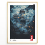 Indlæs billede til gallerivisning Japanske plakater | Moody night scene of traditional Japanese temples in Kyoto surrounded by mist, with glowing lanterns and a mountainous background. Labeled “Kyoto” in English and Japanese.
