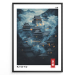 Indlæs billede til gallerivisning Japanske plakater | Moody night scene of traditional Japanese temples in Kyoto surrounded by mist, with glowing lanterns and a mountainous background. Labeled “Kyoto” in English and Japanese.
