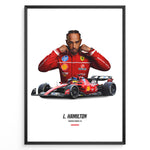 Indlæs billede til gallerivisning Framed poster of Lewis Hamilton in Ferrari red racing suit standing behind his red Formula 1 Ferrari car with number 44.
