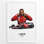 Indlæs billede til gallerivisning Framed poster of Lewis Hamilton in Ferrari red racing suit standing behind his red Formula 1 Ferrari car with number 44.
