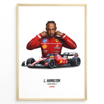 Indlæs billede til gallerivisning Framed poster of Lewis Hamilton in Ferrari red racing suit standing behind his red Formula 1 Ferrari car with number 44.
