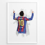 Indlæs billede til gallerivisning Plakat of Lionel Messi wearing Barcelona number 10 jersey, celebrating with arms raised.
