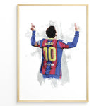 Indlæs billede til gallerivisning Plakat of Lionel Messi wearing Barcelona number 10 jersey, celebrating with arms raised.
