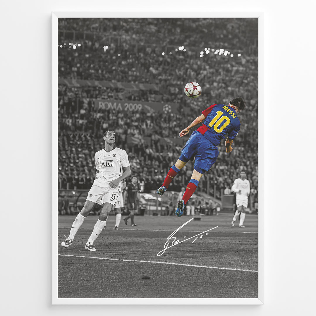 Plakat of Lionel Messi scoring a header in the 2009 Champions League Final in Barcelona kit, with printed signature and black-and-white background.