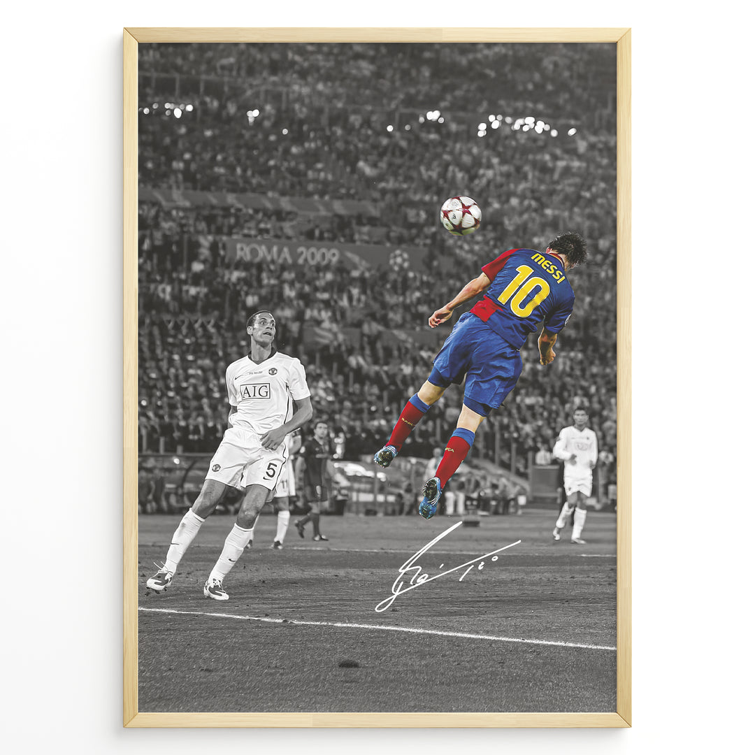 Plakat of Lionel Messi scoring a header in the 2009 Champions League Final in Barcelona kit, with printed signature and black-and-white background.