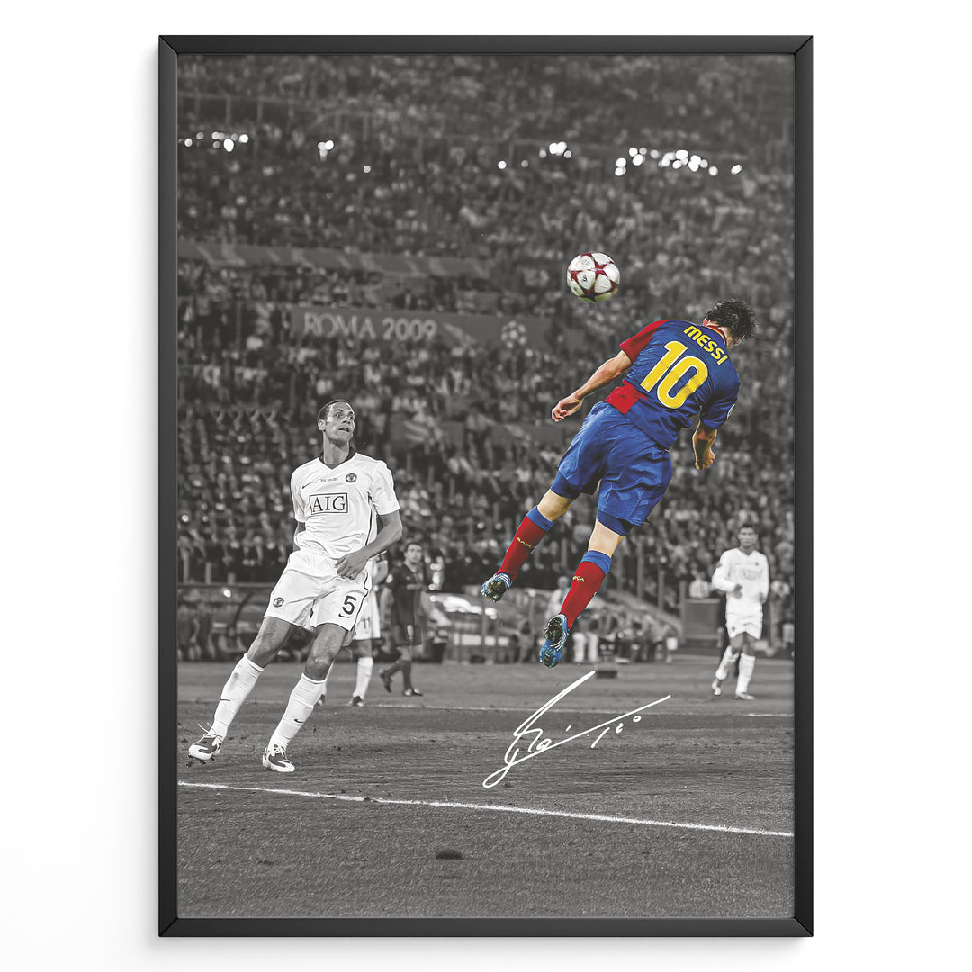 Plakat of Lionel Messi scoring a header in the 2009 Champions League Final in Barcelona kit, with printed signature and black-and-white background.