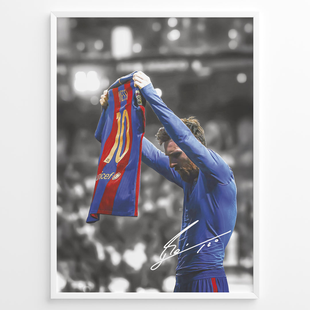 Plakat of Lionel Messi holding his Barcelona shirt after scoring against Real Madrid, with printed signature and black-and-white background.