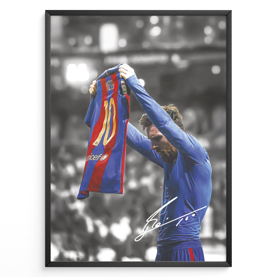 Plakat of Lionel Messi holding his Barcelona shirt after scoring against Real Madrid, with printed signature and black-and-white background.