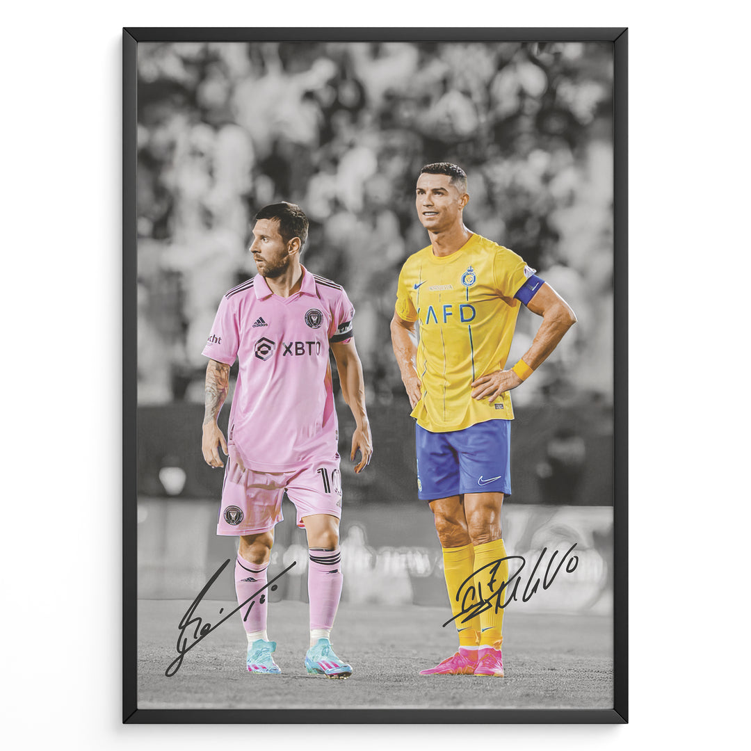 Plakat of Lionel Messi in pink Inter Miami jersey and Cristiano Ronaldo in yellow Al Nassr jersey, with printed signatures and black-and-white background.