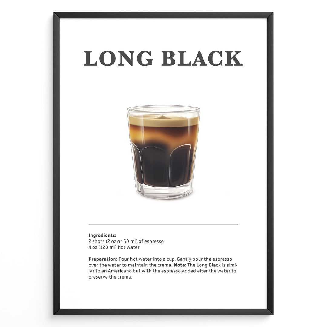 Long Black coffee recipe illustration with a glass of layered espresso and hot water.