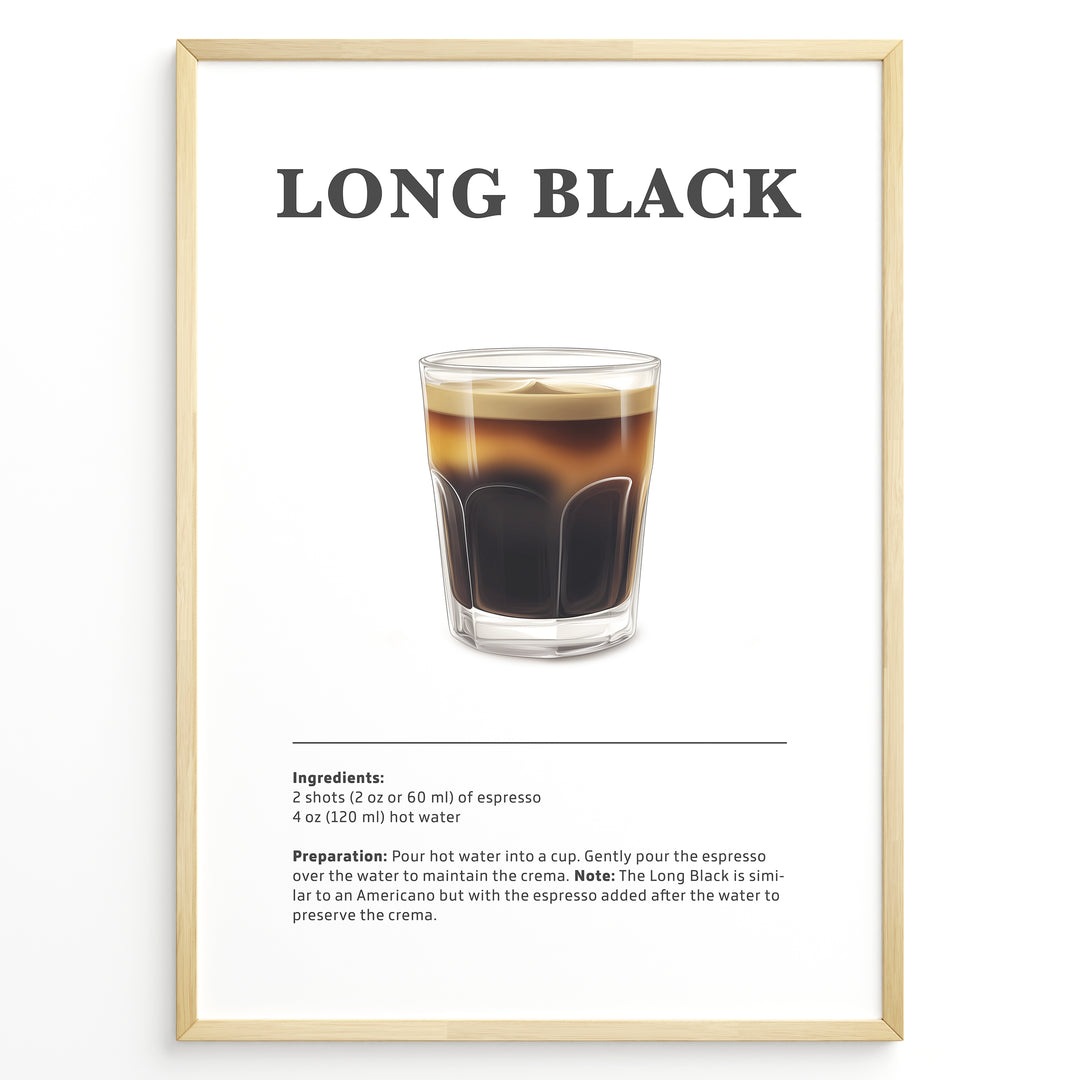 Long Black coffee recipe illustration with a glass of layered espresso and hot water.