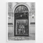 Indlæs billede til gallerivisning Fashion Plakat | Louis Vuitton Storefront – Galleria Vittorio Emanuele II, Milan Plakaty.dk | Black and white image of the Louis Vuitton store in Milan&#39;s Galleria Vittorio Emanuele II, showing ornate architecture, a large arched entrance, and a designer window display.
