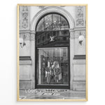 Indlæs billede til gallerivisning Fashion Plakat | Louis Vuitton Storefront – Galleria Vittorio Emanuele II, Milan Plakaty.dk | Black and white image of the Louis Vuitton store in Milan&#39;s Galleria Vittorio Emanuele II, showing ornate architecture, a large arched entrance, and a designer window display.

