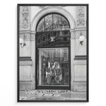 Indlæs billede til gallerivisning Fashion Plakat | Louis Vuitton Storefront – Galleria Vittorio Emanuele II, Milan Plakaty.dk | Black and white image of the Louis Vuitton store in Milan&#39;s Galleria Vittorio Emanuele II, showing ornate architecture, a large arched entrance, and a designer window display.
