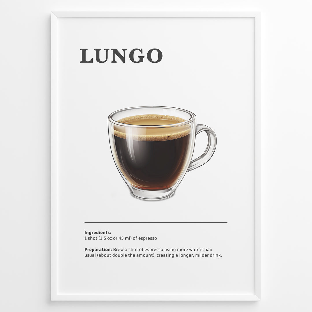 Lungo coffee recipe illustration with a long espresso in a clear glass cup.