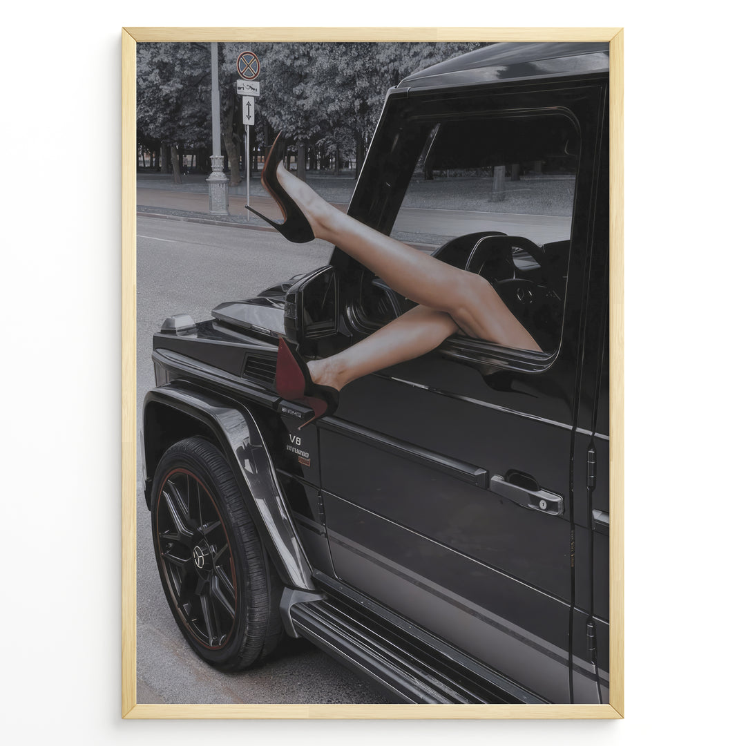 Fashion Plakat | Luxury Escape: Legs in High Heels Through Mercedes G-Wagon Window Plakaty.dk | Woman's legs in high heels sticking out of a Mercedes-Benz G-Wagon window in an urban street scene.