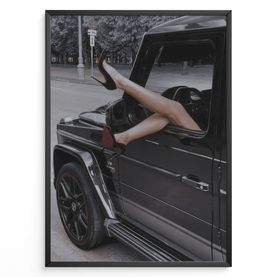 Fashion Plakat | Luxury Escape: Legs in High Heels Through Mercedes G-Wagon Window Plakaty.dk | Woman's legs in high heels sticking out of a Mercedes-Benz G-Wagon window in an urban street scene.