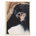Indlæs billede til gallerivisning Fashion Plakat | Luxury Panther Art with Diamond Fangs and Glamorous Aesthetic Plakaty.dk | Close-up image of a black panther snarling with diamond-covered fangs, held gently by a woman&#39;s hand wearing diamond jewelry.

