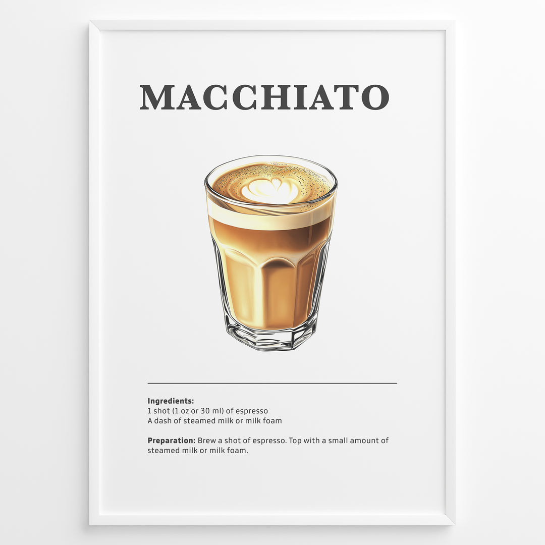 Macchiato coffee recipe illustration with espresso topped with milk foam.