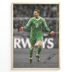Indlæs billede til gallerivisning Manuel Neuer fodbold plakat hvor han jubler i Bayerns grønne målmandstrøje med røde handsker under Champions League kamp.
