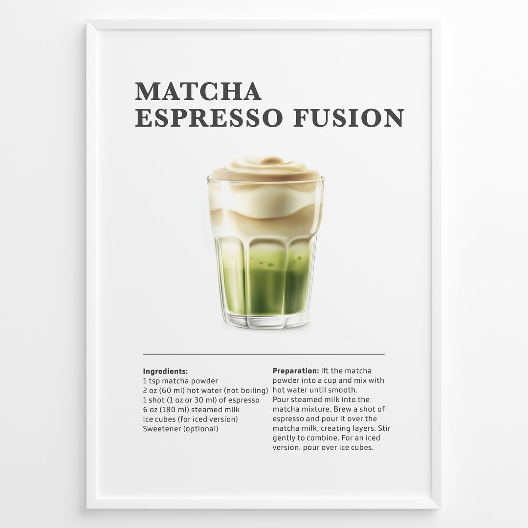 Matcha espresso fusion recipe illustration with layered matcha, milk, and espresso.